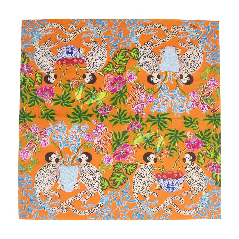Caspari Monkeys Paper Luncheon Napkins in Orange - Two Packs of 20