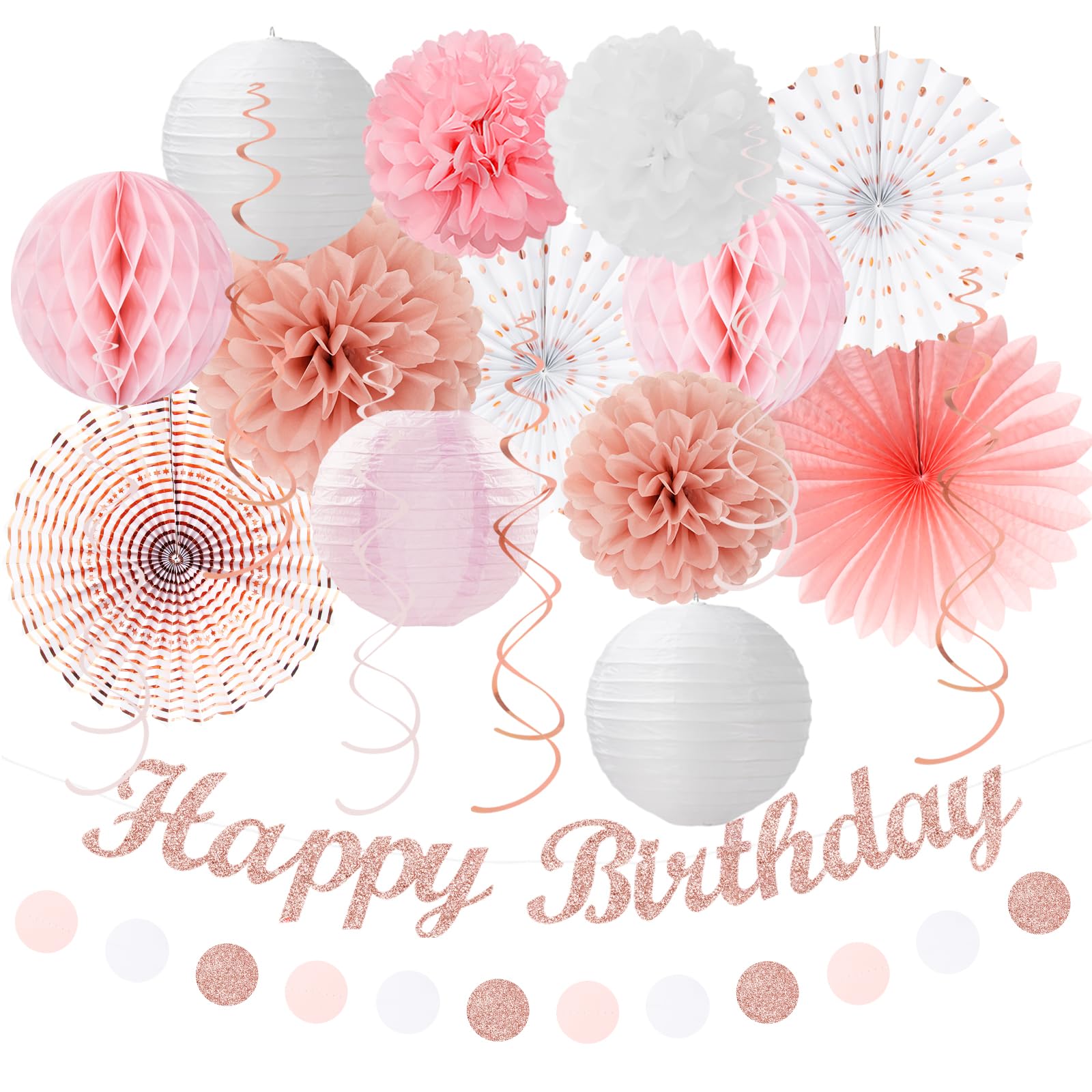 Pink White Rose-Gold Birthday Party-Decorations - 21Pcs Happy Banner, Paper Lanterns,Tissue Pom Poms Flower Fan,Honeycomb Ball,S