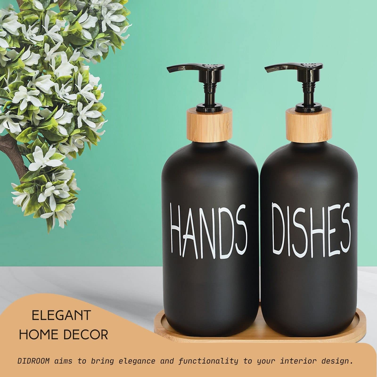 Glass Soap Dispenser Set. Hand Soap And Dish Soap Dispenser With Bamboo Tray. Vintage Soap Dispenser With Pump For Kitchen Sink