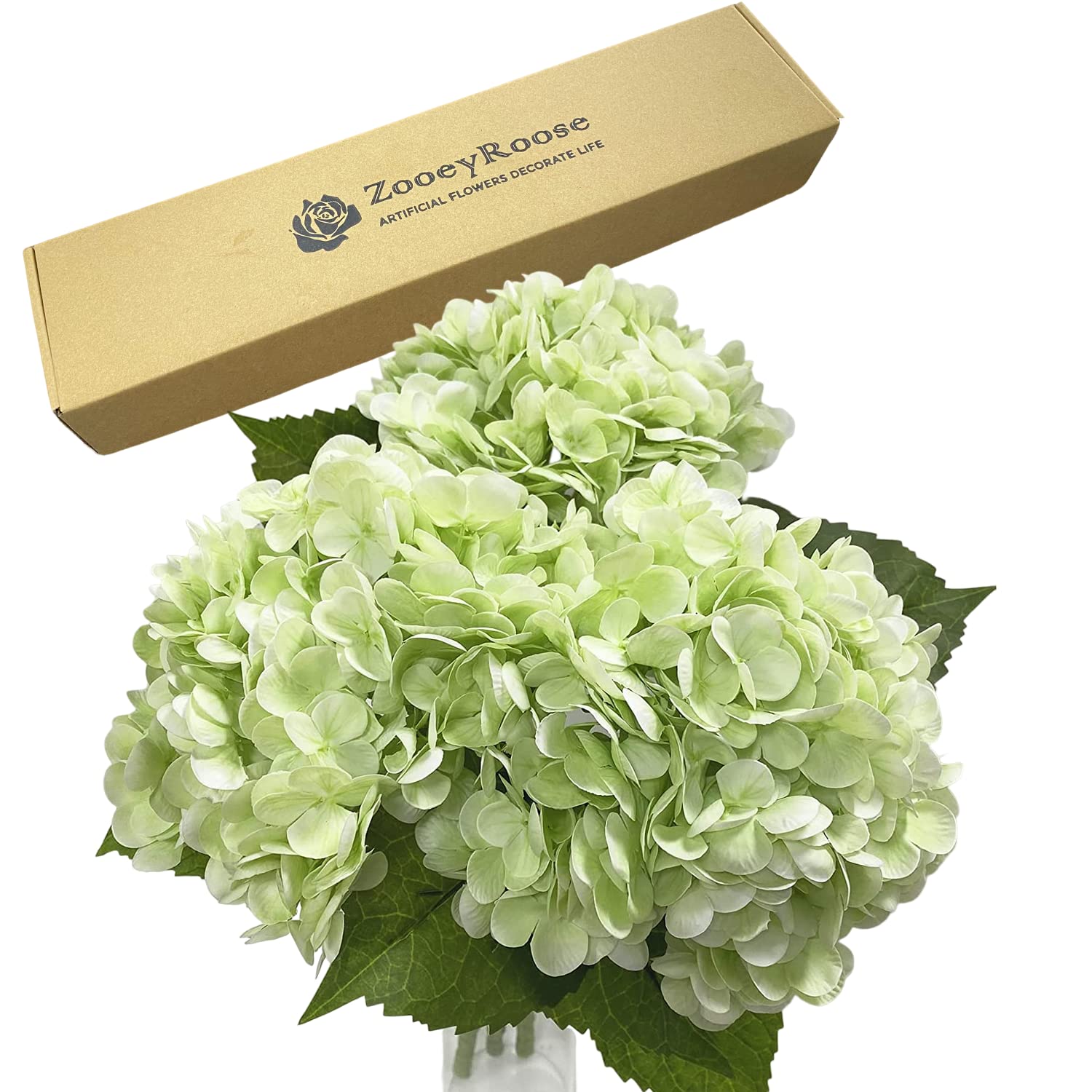 ZooeyRoose 3 pcs Light Green Artificial Hydrangea Flowers 21 Long Stems Real Touch Faux Hydrangeas for Home Decor Wedding Party 