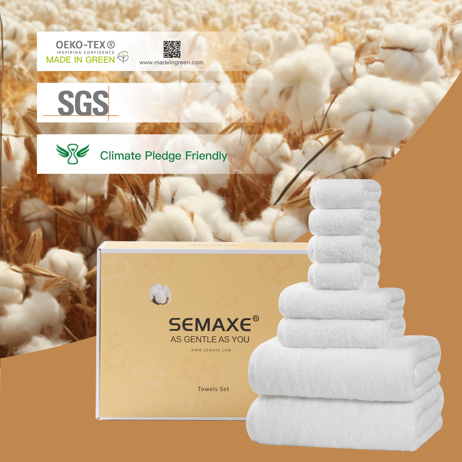 Semaxe White Bath Towel Set, 100% Cotton Bathroom Towels With Hanging Loops And Nano-Bio Lifecycle Labels, 8 Piece Towel Set Inc
