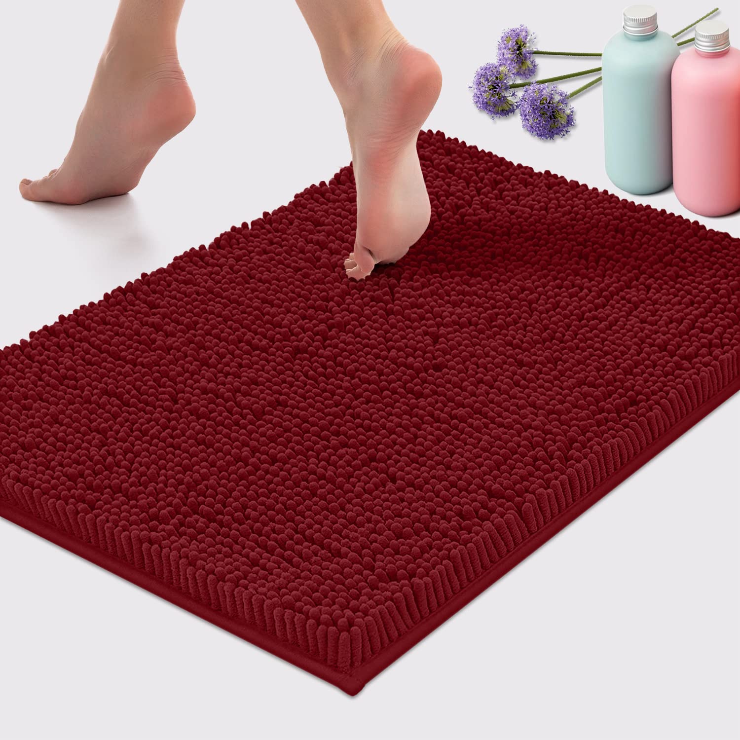 Luxurux Red Bathroom Rugs Extra-Soft Plush Bath Mat Shower Bathroom Rug,1'' Chenille Microfiber Material, Super Absorbent Shaggy