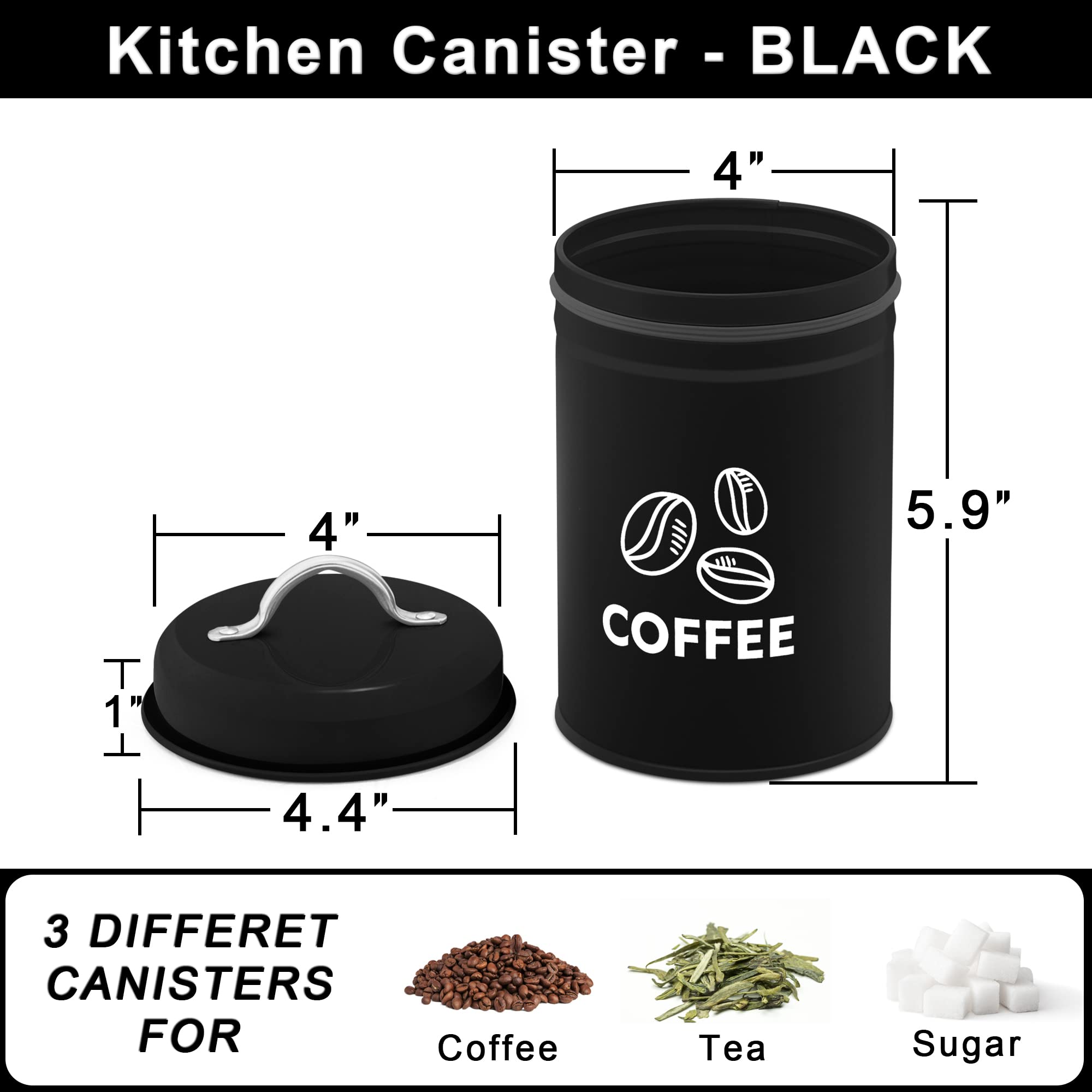 Teamfar Kitchen Canisters Set Of 3, Coffee Sugar Tea Canister Sets For Kitchen Counter, Black Metal Farmhouse Decor Storage Cont