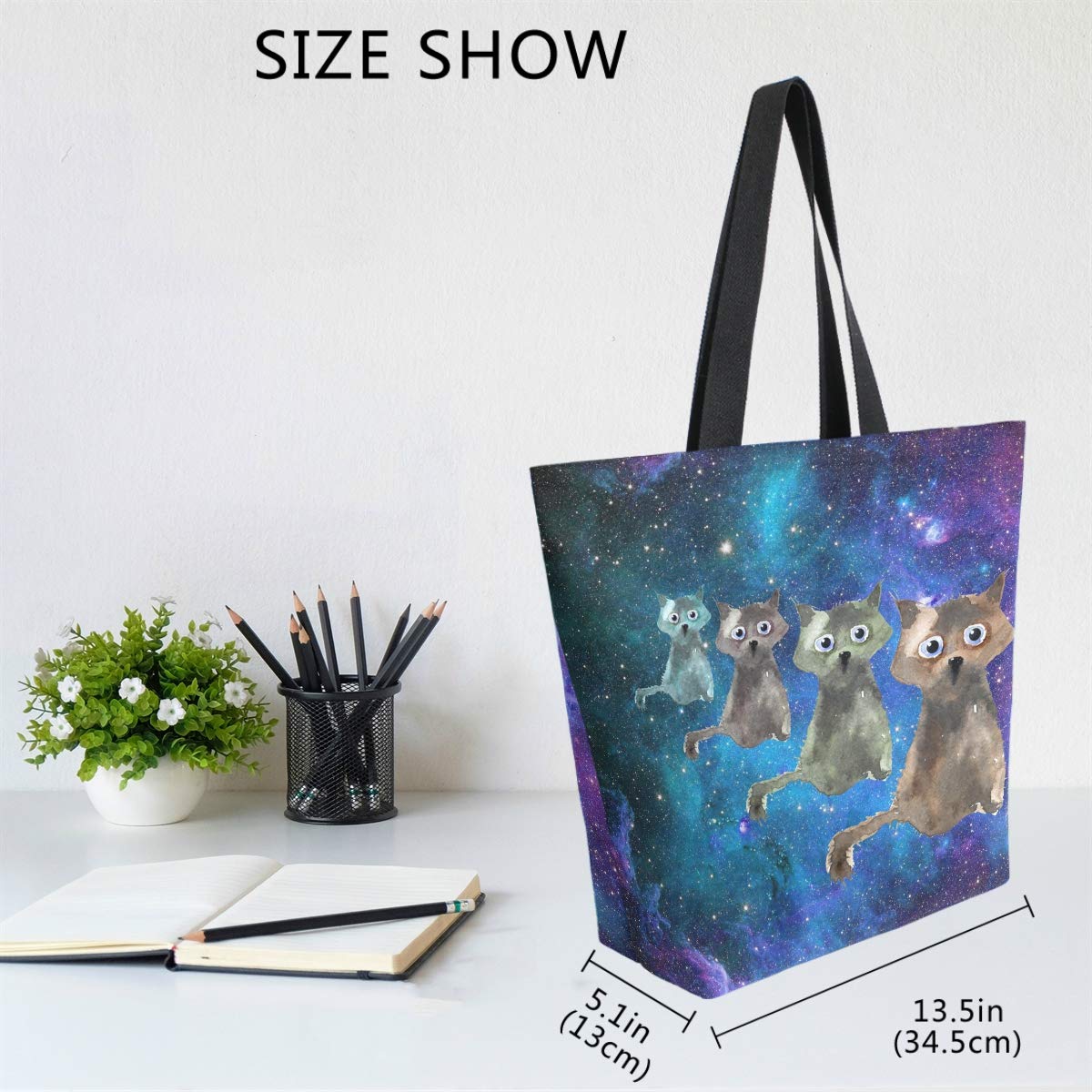 Naanle Galaxy Cats Canvas Tote Bag Large Women Casual Shoulder Bag Handbag, Universe Cats Reusable Multipurpose Heavy Duty Shopp