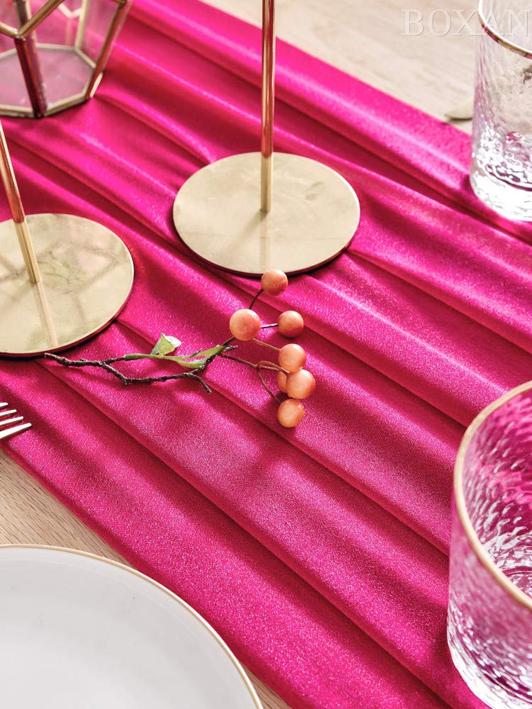Boxan 30X120 Inch Fuchsia Sheer Table Runner - Boho Romantic Tablecloth For 6 Foot Table In Washable Polyester - Great For Buffe
