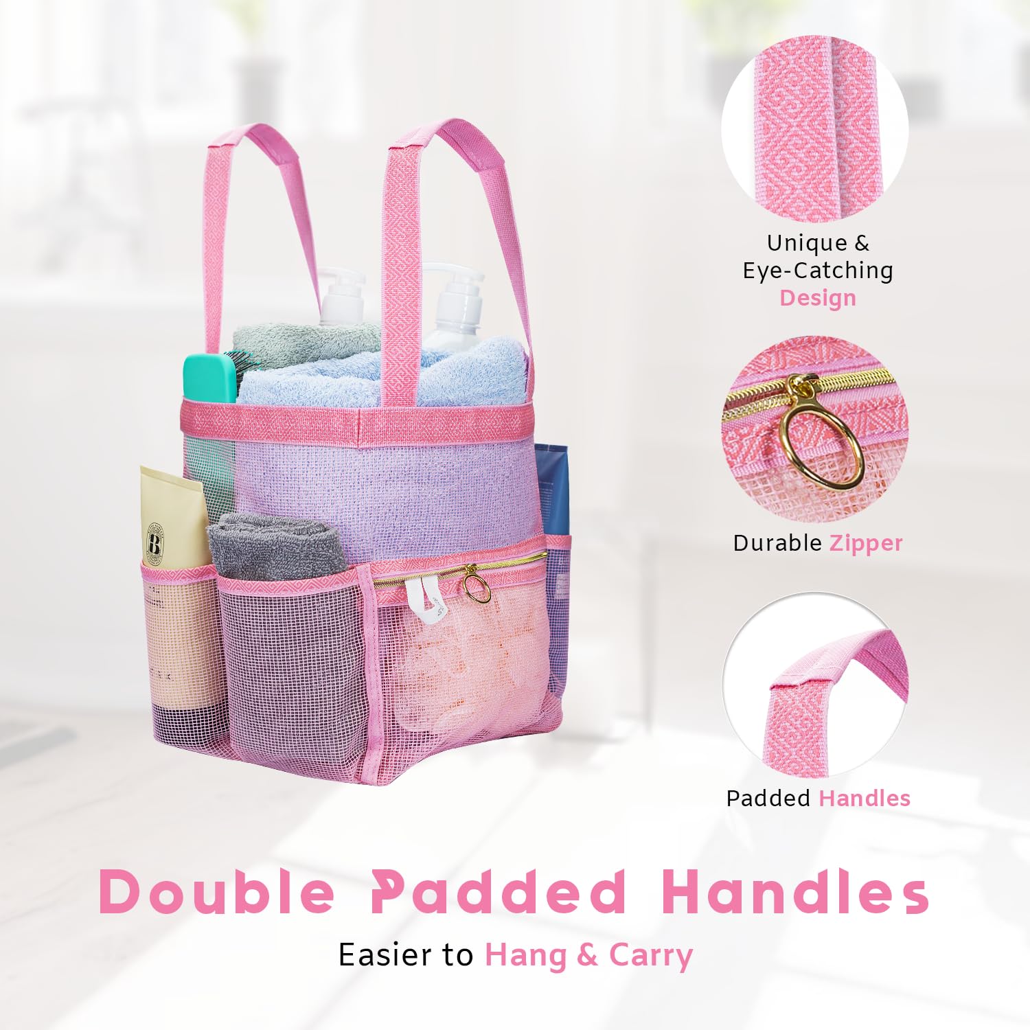 Dv Lifestyle Mesh Shower Caddy Dorm, 7 Pockets & 1 With Zipper, Shower Tote With Padded Handles, Travel Shower Caddy Portable, S