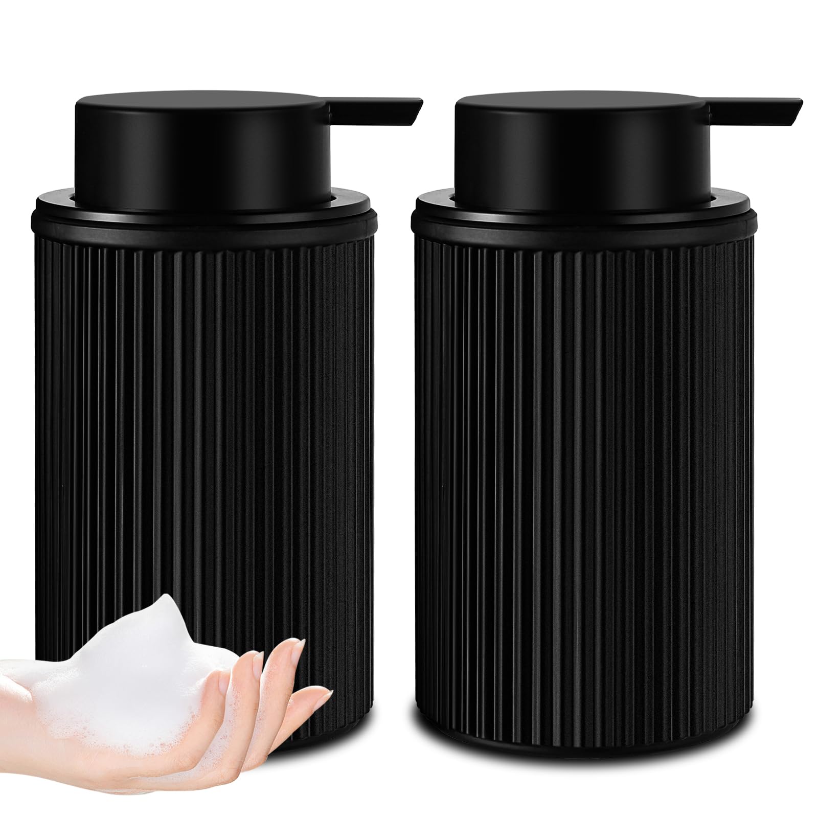 Matte Black Foaming Soap Dispenser, 2 Pack Ribbed Glass Foam Hand Soap Dispenser For Bathroom, 15 Oz Refillable Foaming Pump Bot