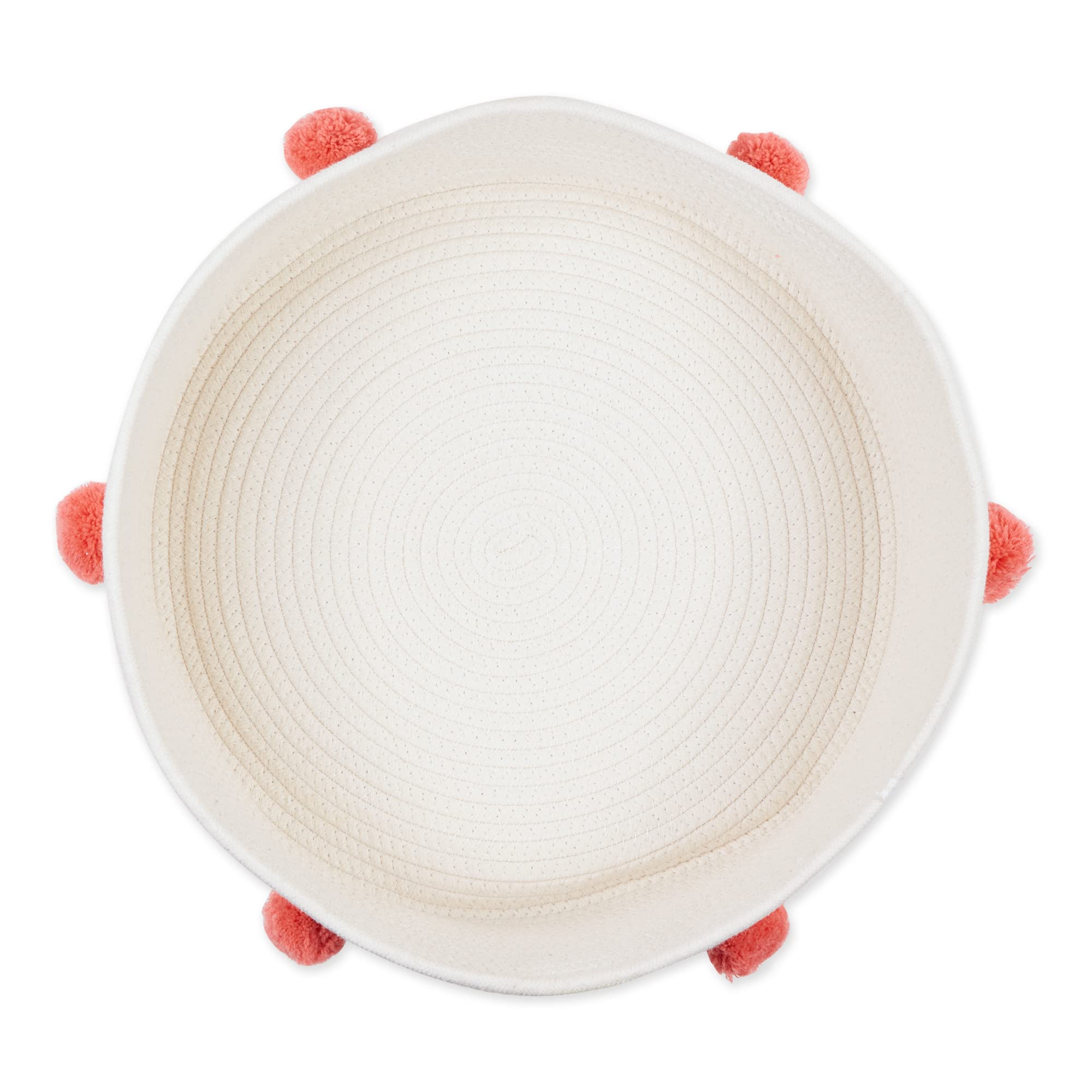 WHITE PET BASKET WITH PINK POM POMS