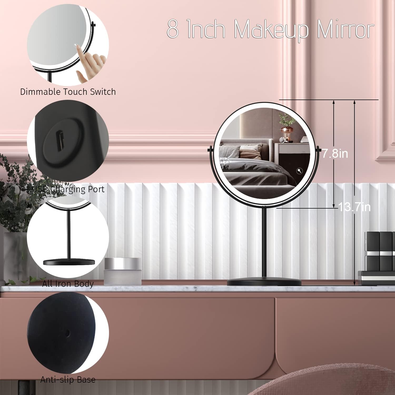 Wizchark 8    Lighted Makeup Mirror, 1X 10X Magnifying Mirror With Light, Double Sided Vanity Mirror With Lights, 3 Color Led Di