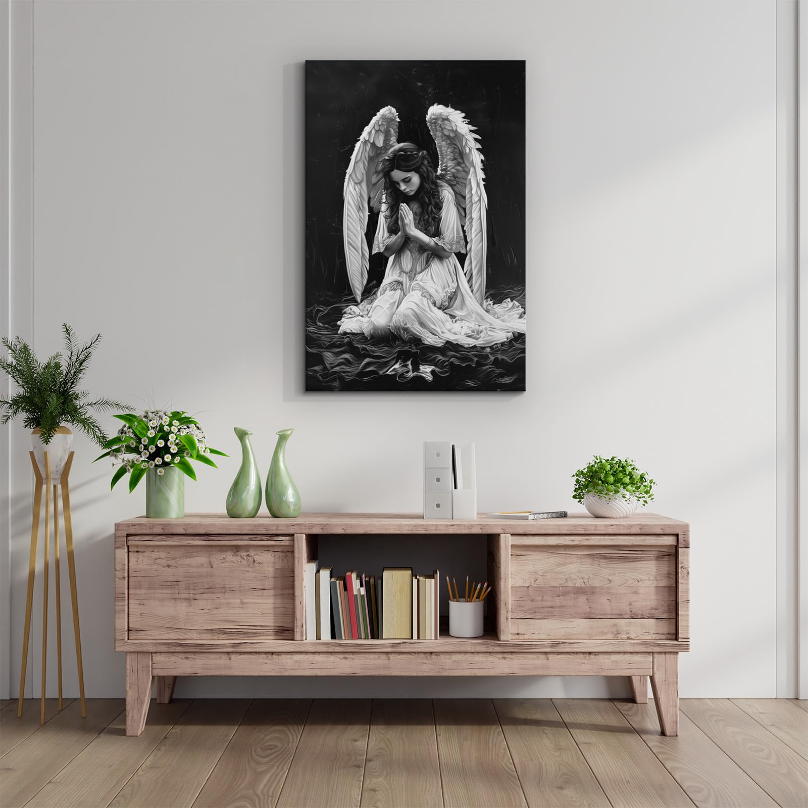 Yonica White Angel Painting Angel Wings Wall Art Modern Black And White Pictures Praying Woman Wall Art Dark Abstract Angel Pain