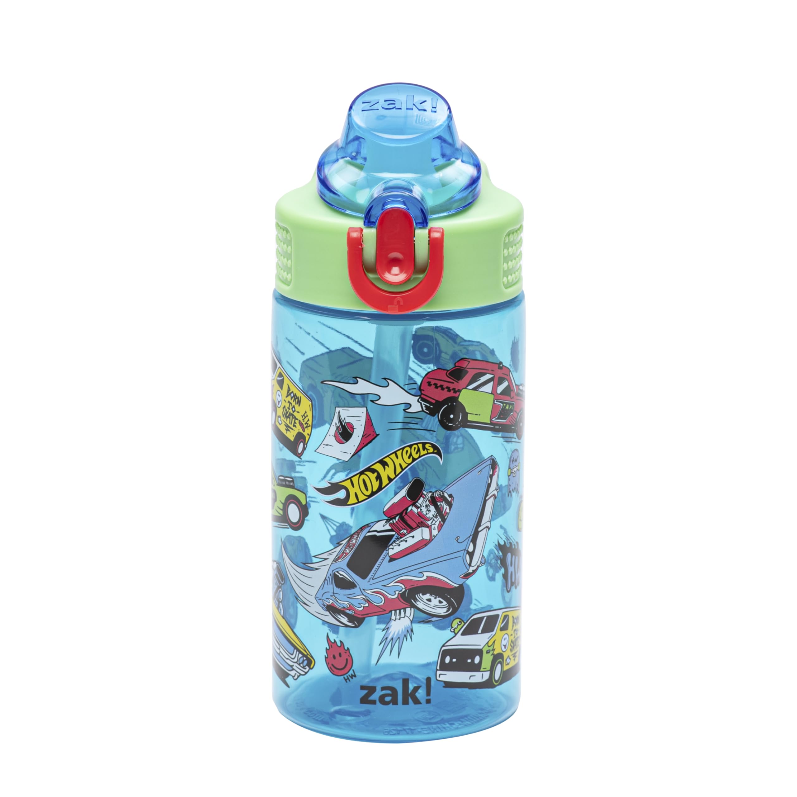 Zak Designs Mattel Hot Wheels Sage Kids Water Bottle For School or Travel, 16oz Durable Plastic Water Bottle With Straw, Handle,
