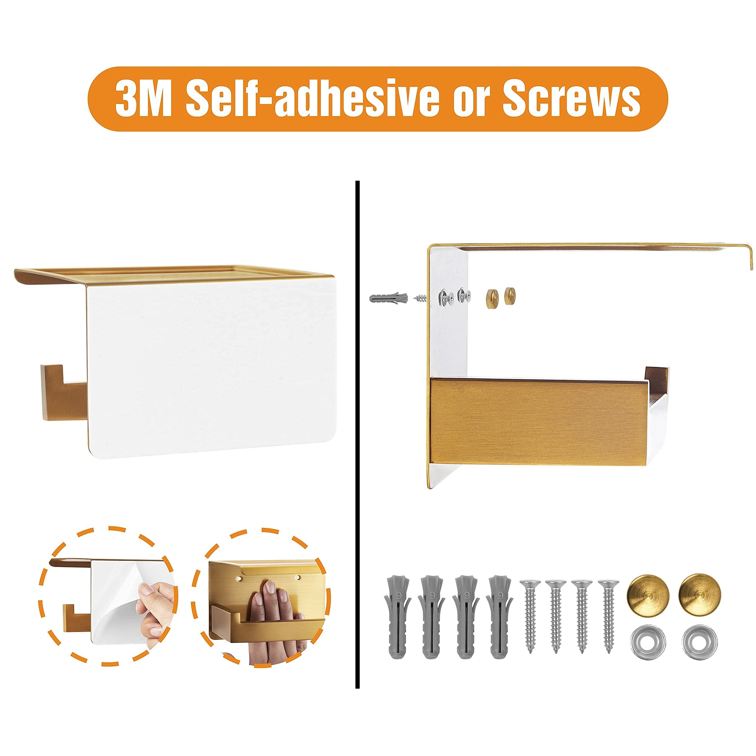 Hitslam Gold Toilet Paper Holder, Stick On Brushed Brass Toilet Paper Holder With Shelf, Self Adhesive No Drill Or Wall-Mount Wi
