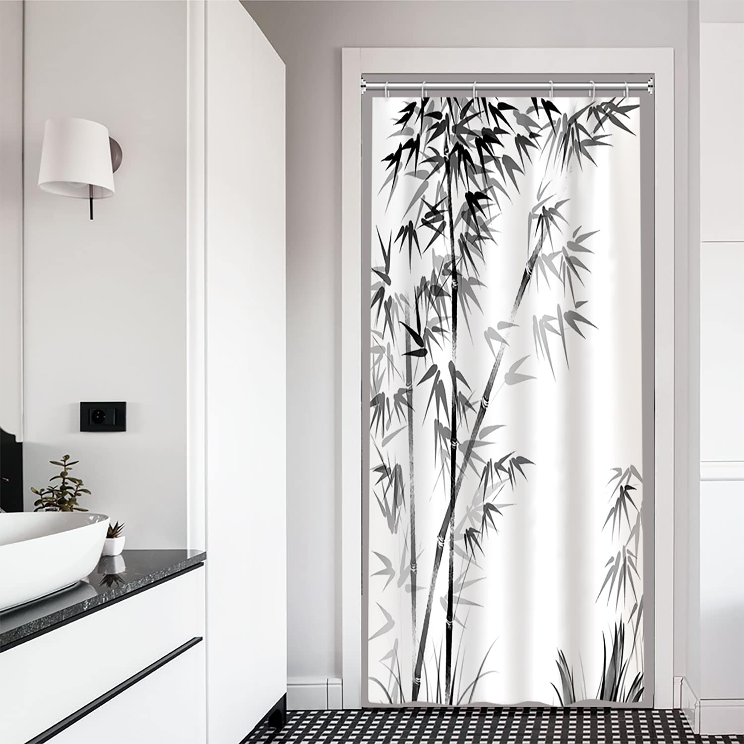 Ruelvth Stall Shower Curtain, Aesthetic Ink Bamboo Small Shower Curtain Set For Bathroom Waterproof Fabric Black And White Rv Ba