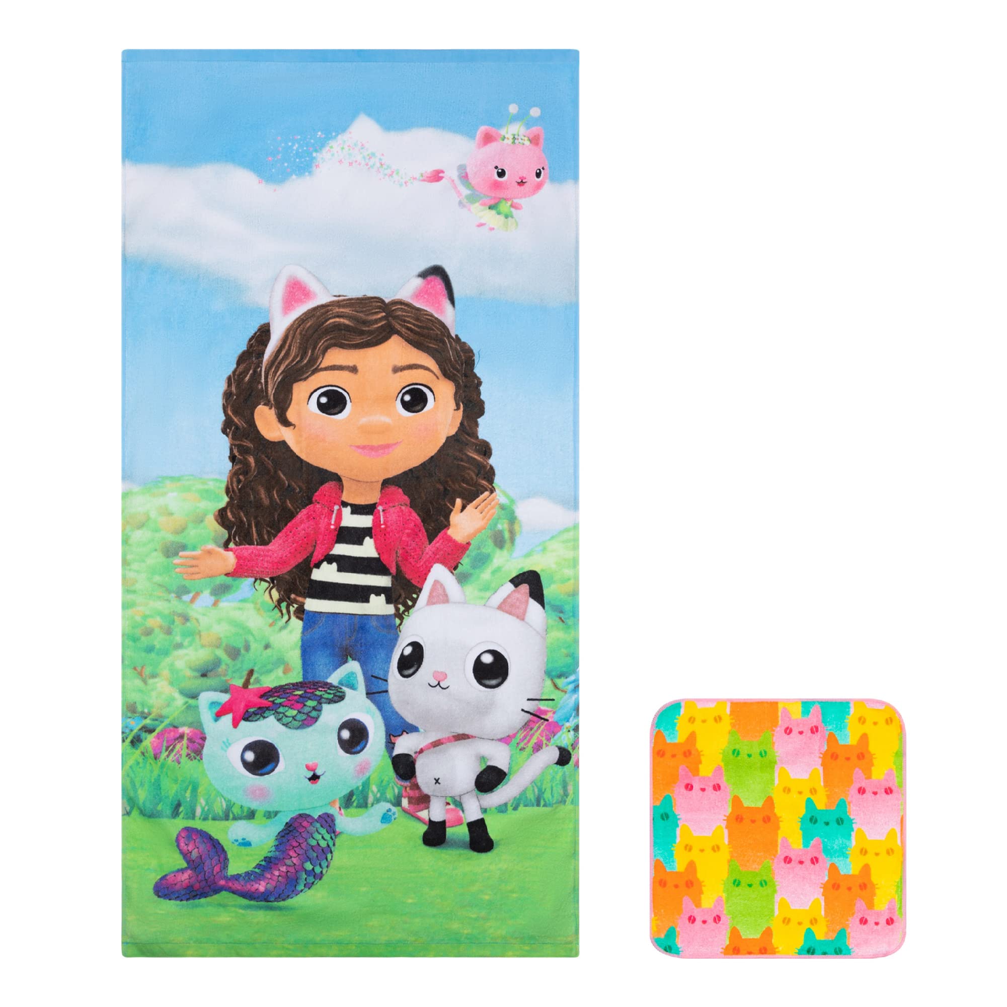 Franco Gabby 'S Dollhouse, Gabby, Mercat And Pandy Kids Bath/Pool/Beach Soft Absorbent Cotton Terry Towel With Washcloth 2 Piece