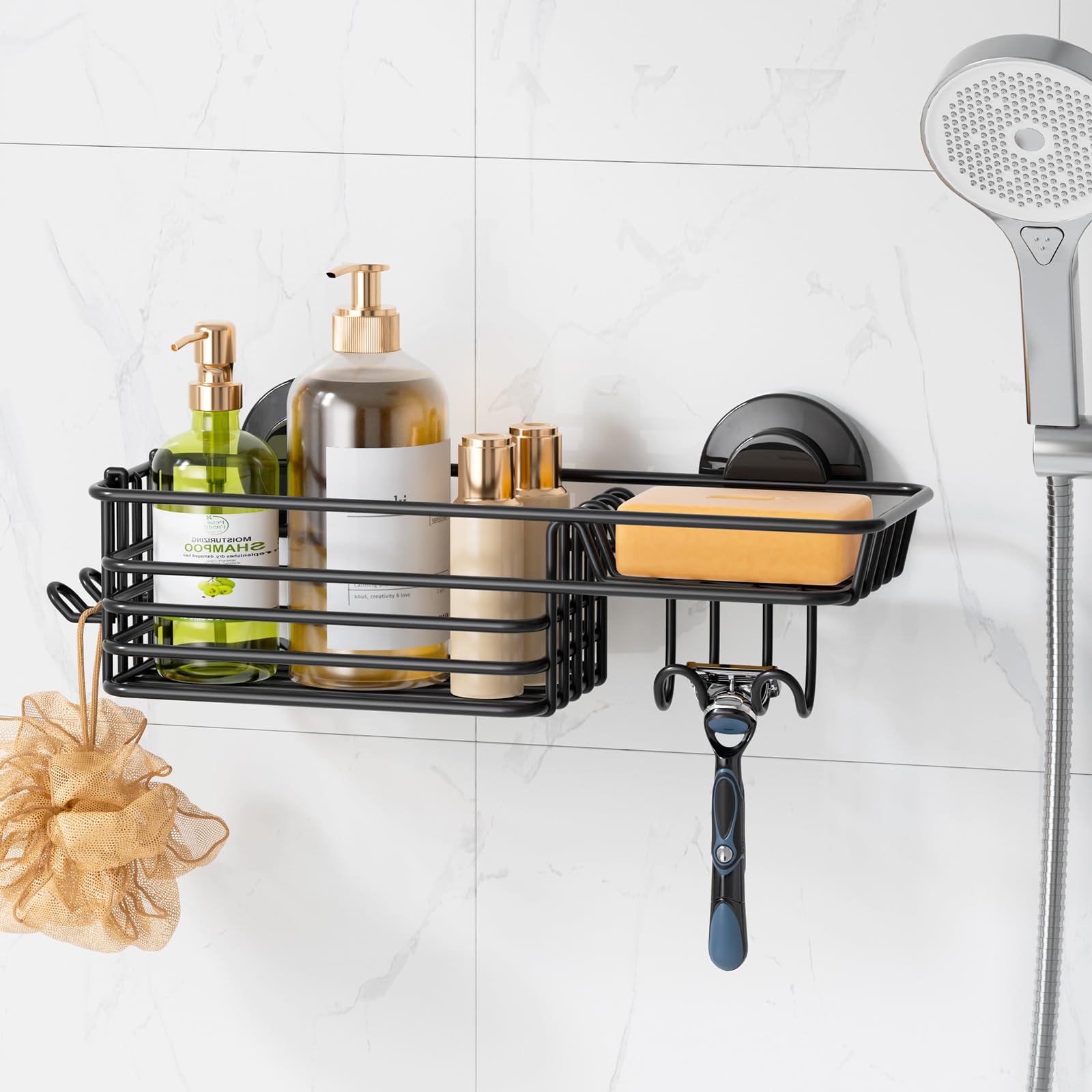 LEVERLOC Shower Caddy Suction Cup, Suction Caddy with Hooks and Soap Holder for Bathroom, No-Drilling Bathroom Shower Organizer,