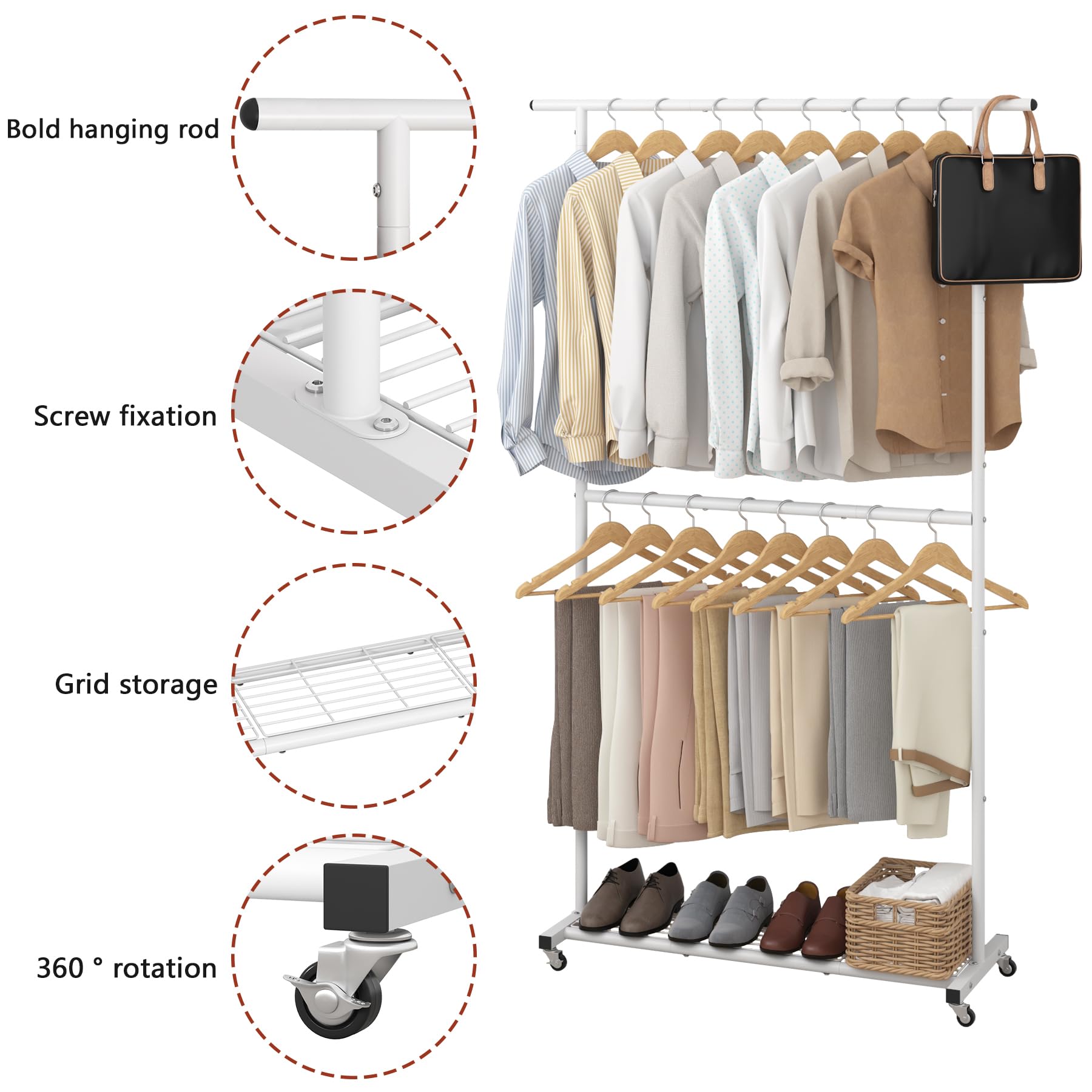 Sywhitta Double Rod Clothing Garment Rack  Rolling Coat Hanger with Bottom Mesh  Clothing Rack for Hanging Clothes  Coats  Skirts  Sweaters  White