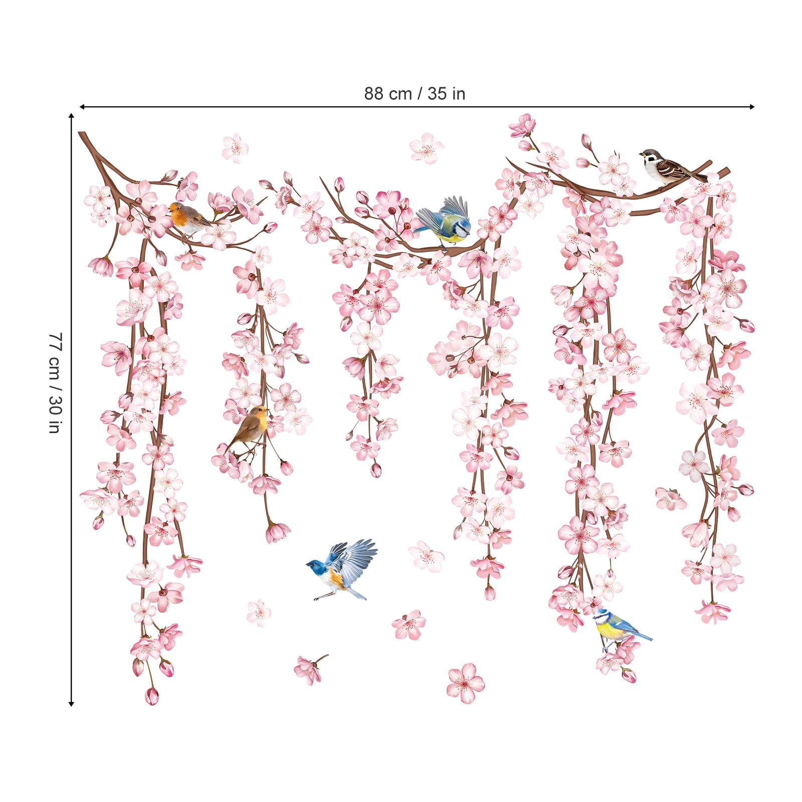 Decalmile Cherry Blossom Flower Vine Wall Decals Hanging Floral Tree Branch Birds Wall Stickers Living Room Bedroom Office Wall