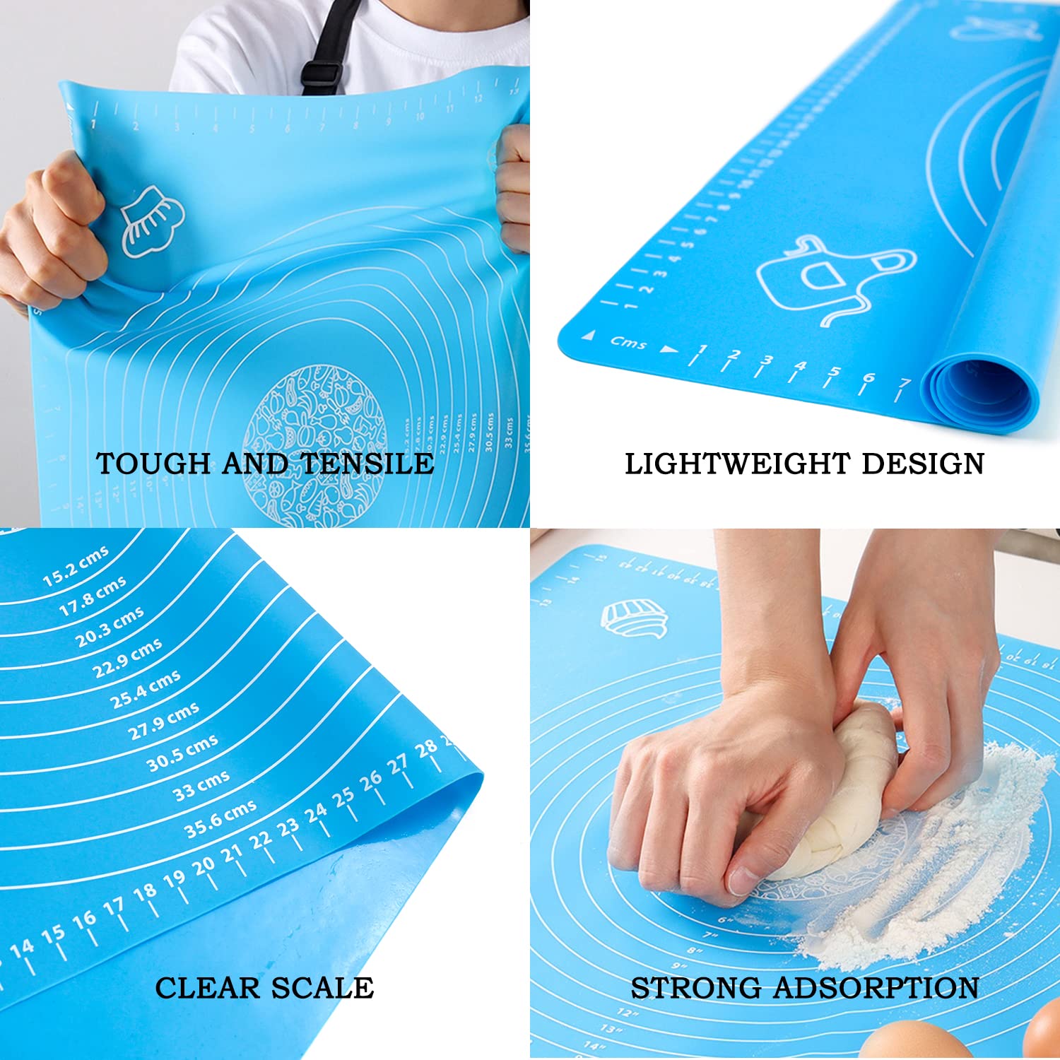 Silicone Baking Mat For Pastry Rolling Dough With Measurements,19.7'' X 15.7'' Bpa Free Non Stick And Non Slip Blue Table Sheet