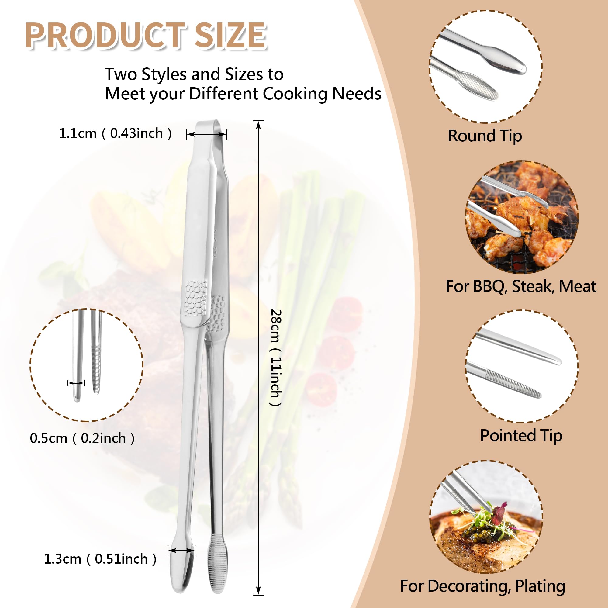 2 Pcs Stainless Steel Professional Fine Tweezers Pliers, Round And Pointed, Extra Long Heavy Duty Food Tweezers With Precision S