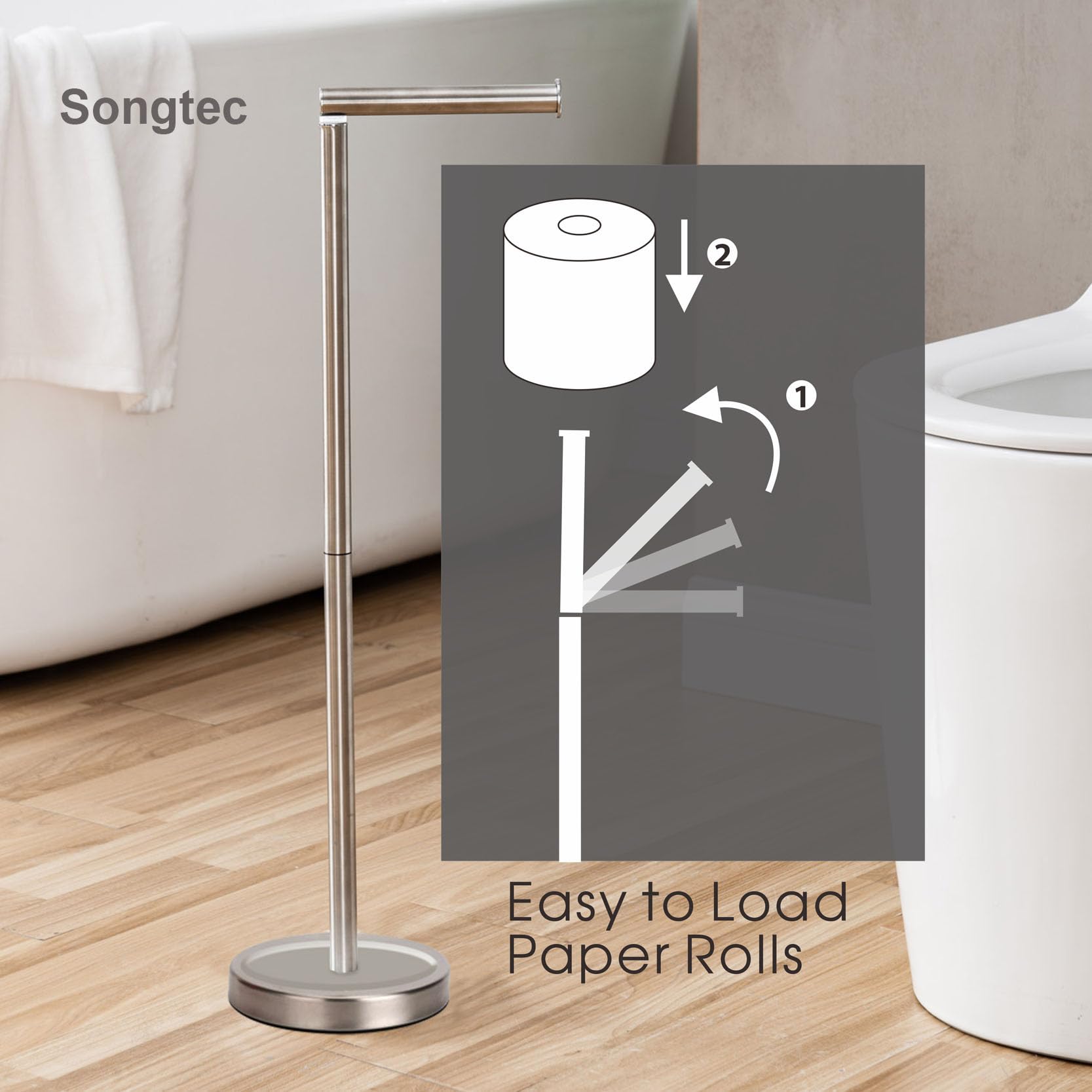 Songtec Toilet Paper Holder Stand, Sturdy Floor Standing Tissue Roll Holder For 5 Toilet Paper Rolls, Rust-Proof & Heavy Stainle