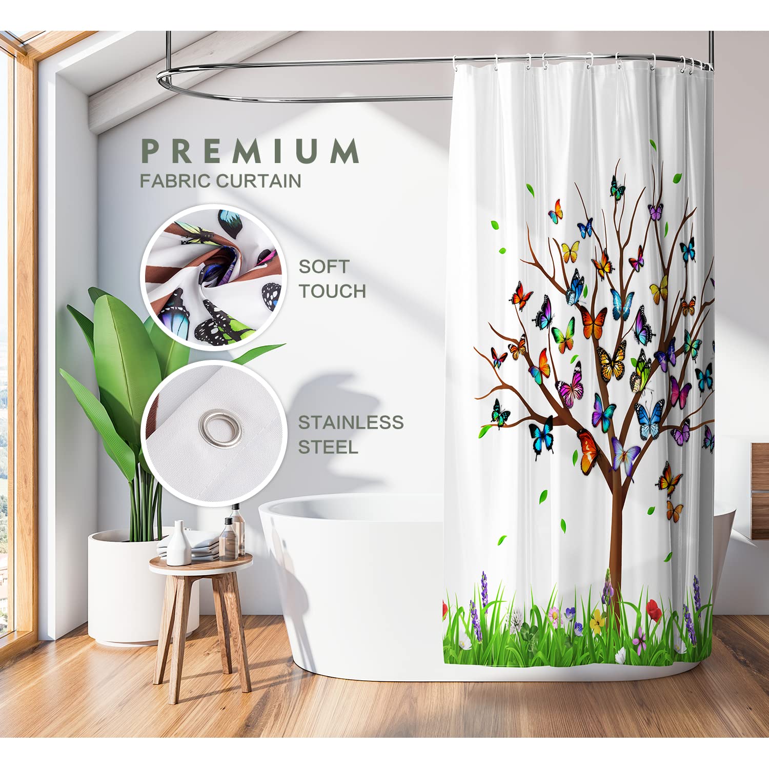 Lokigo Shower Curtain, Tree Shower Curtains For Bathroom, White Fabric Shower Curtain Colorful Floral Leaves Butterfly Shower Cu