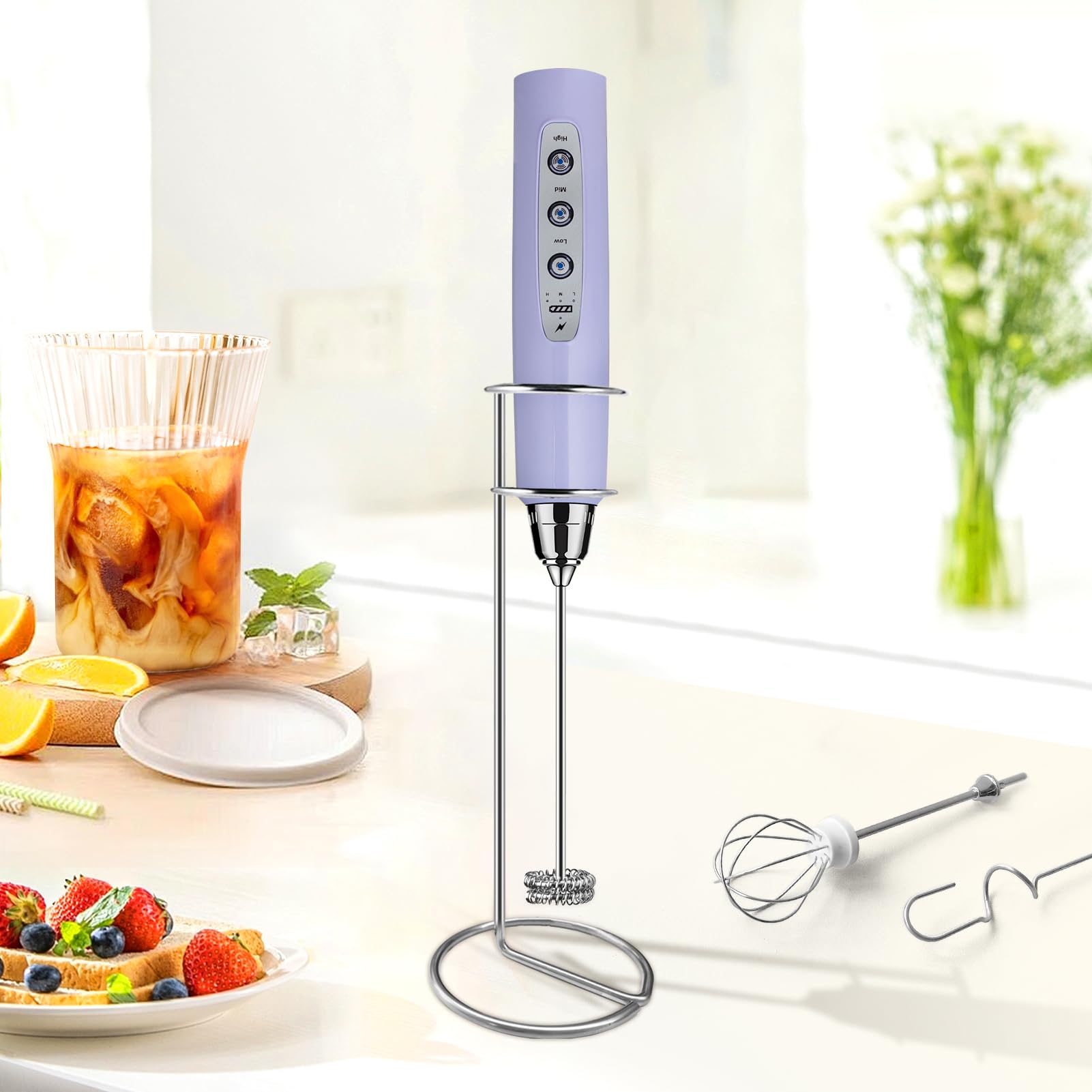 Sakgos Milk Frother With Stand Rechargeable- Handheld Coffee Frother With 3 Stainless Whisks 3 Speed Adjustable, Electric Whisk