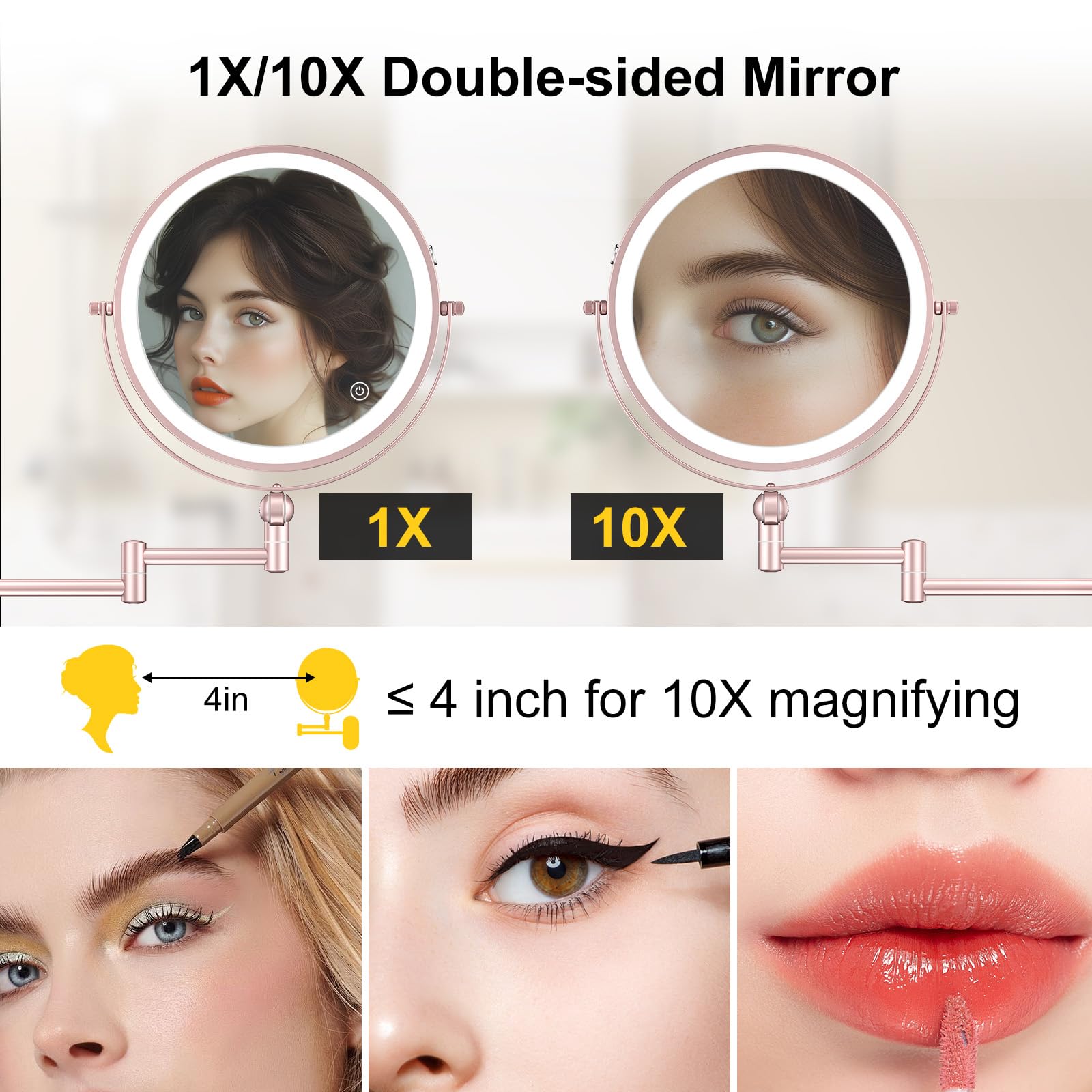 Imikona 9'' Wall Mounted Lighted Makeup Mirror,4000Mah Rechargeable Double Sided 1X/10X Magnifying Mirror With Light,3 Color Lig