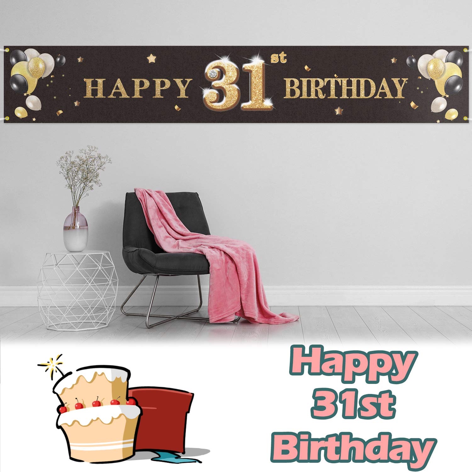 Pakboom Happy 31St Birthday Backdrop Black Photo Background Banner Cheers To 31 Years Old Decorations Party Supplies