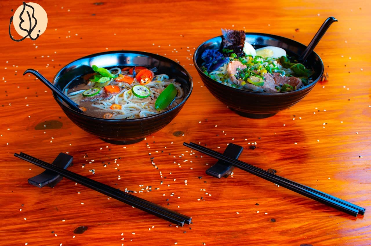 Vallenwood 4 Ramen Bowls, 12 Pieces Pho Set. All Black Asian Japanese Soup. Utensil: Spoons And Chopsticks Kit. Melamine. Large