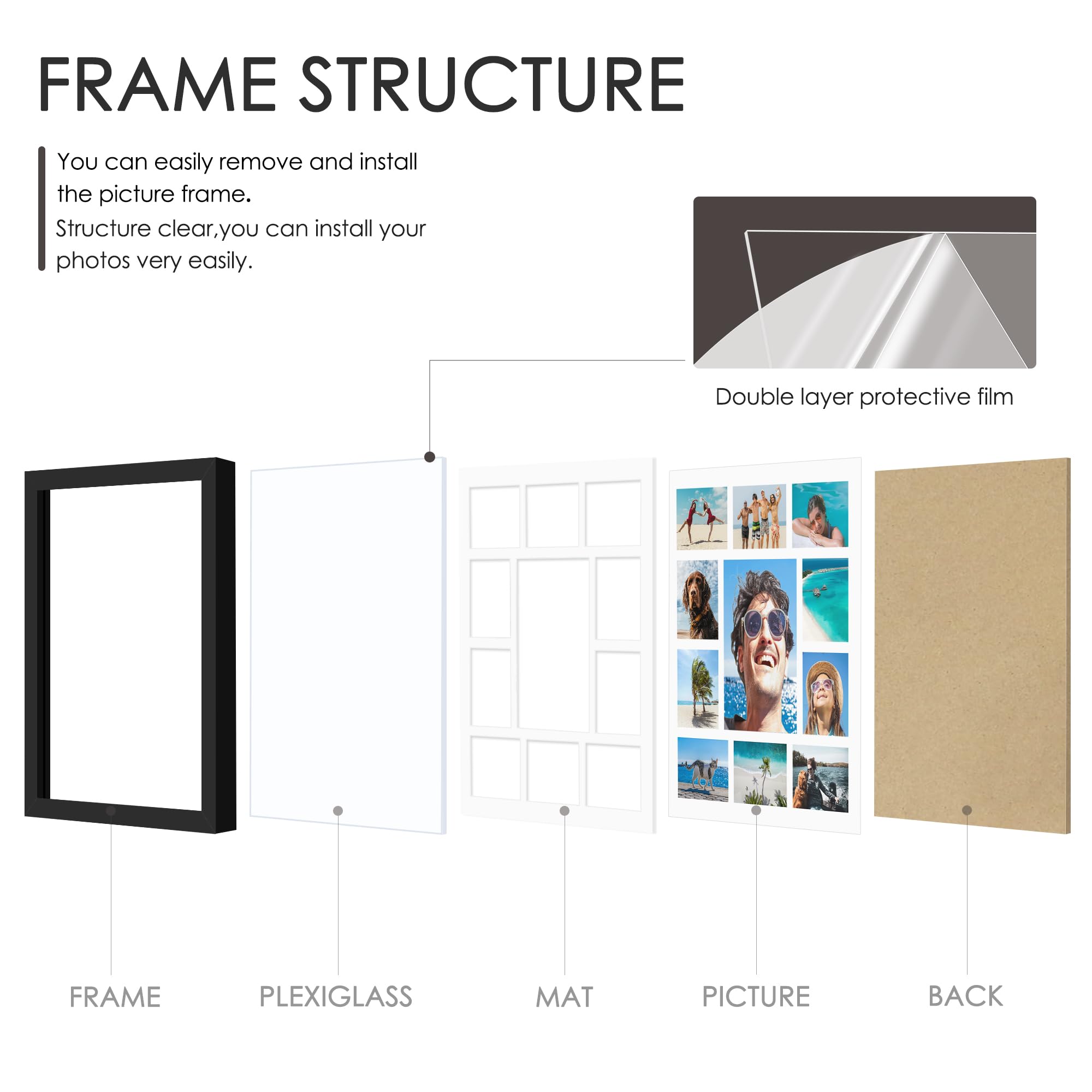 DUENPY 20x20 Collage Picture Frames Display One 8x10 Inch and Six 4x6 and Four 5x5 Photos Collage Wall Decor Wall Hanging or Tab