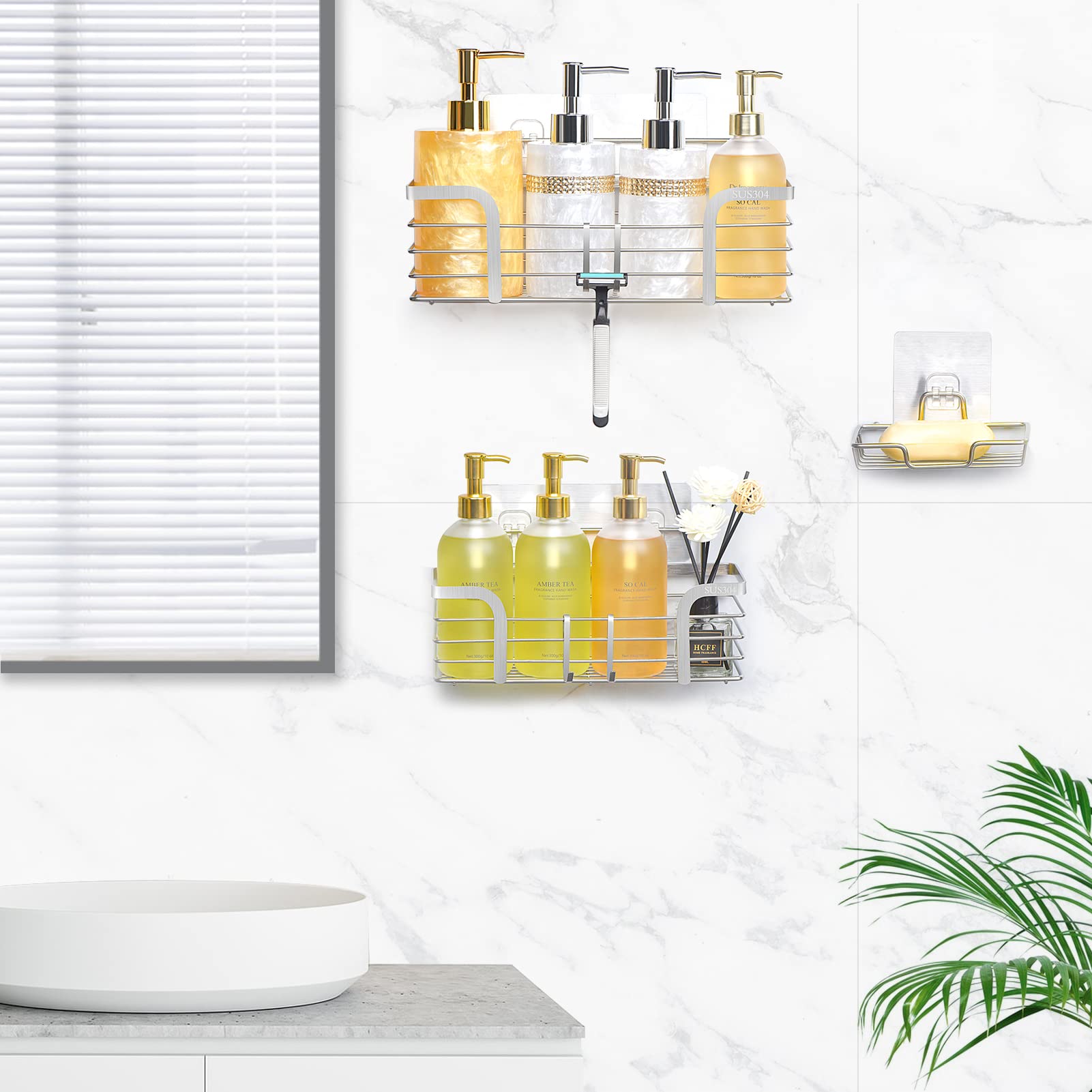 Yougai Shower Caddy Shower Shelf with Soap Dish and 4 Hooks  SUS304 Stainless Steel Shampoo Holder Bathroom Shower Organizer No Drilling Adhesive Wall Mounted Storage Shelves Basket Accessories-3 Pack