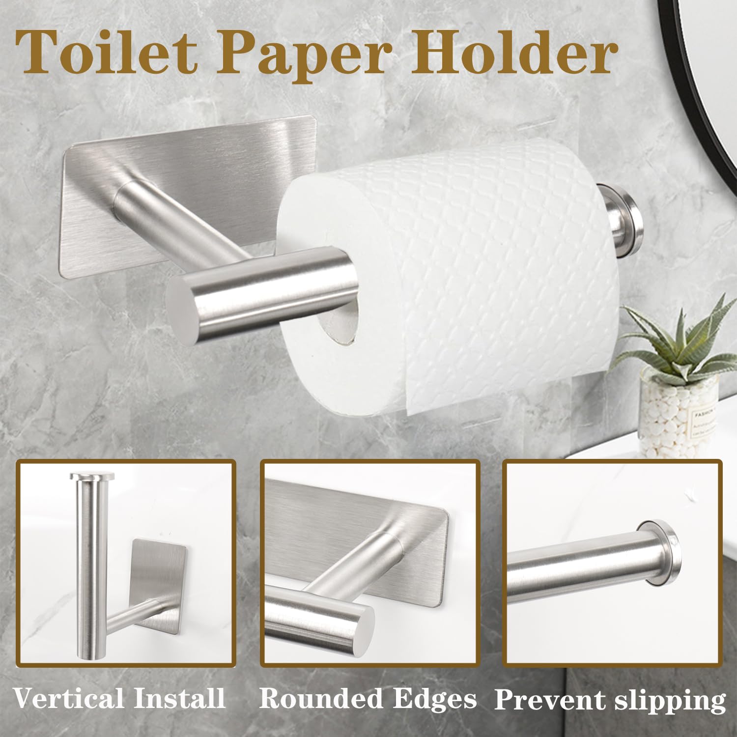 Vanloory 5 Pcs Self Adhesive Bathroom Hardware Set, Stainless Steel Towel Rack Set Include 16In Bath Towel Bar+Toilet Paper Hold