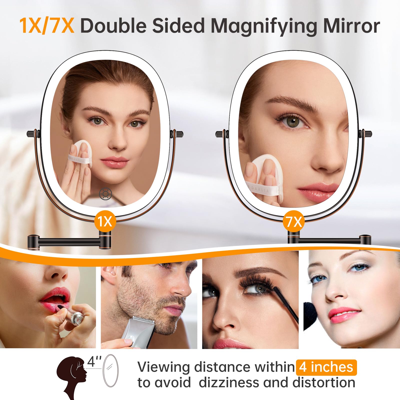 Rechargeable Wall Mounted Lighted Makeup Mirror, 8 Inch Double Sided Led Vanity Mirror 1X/7X Magnification,3 Color Lights Touch