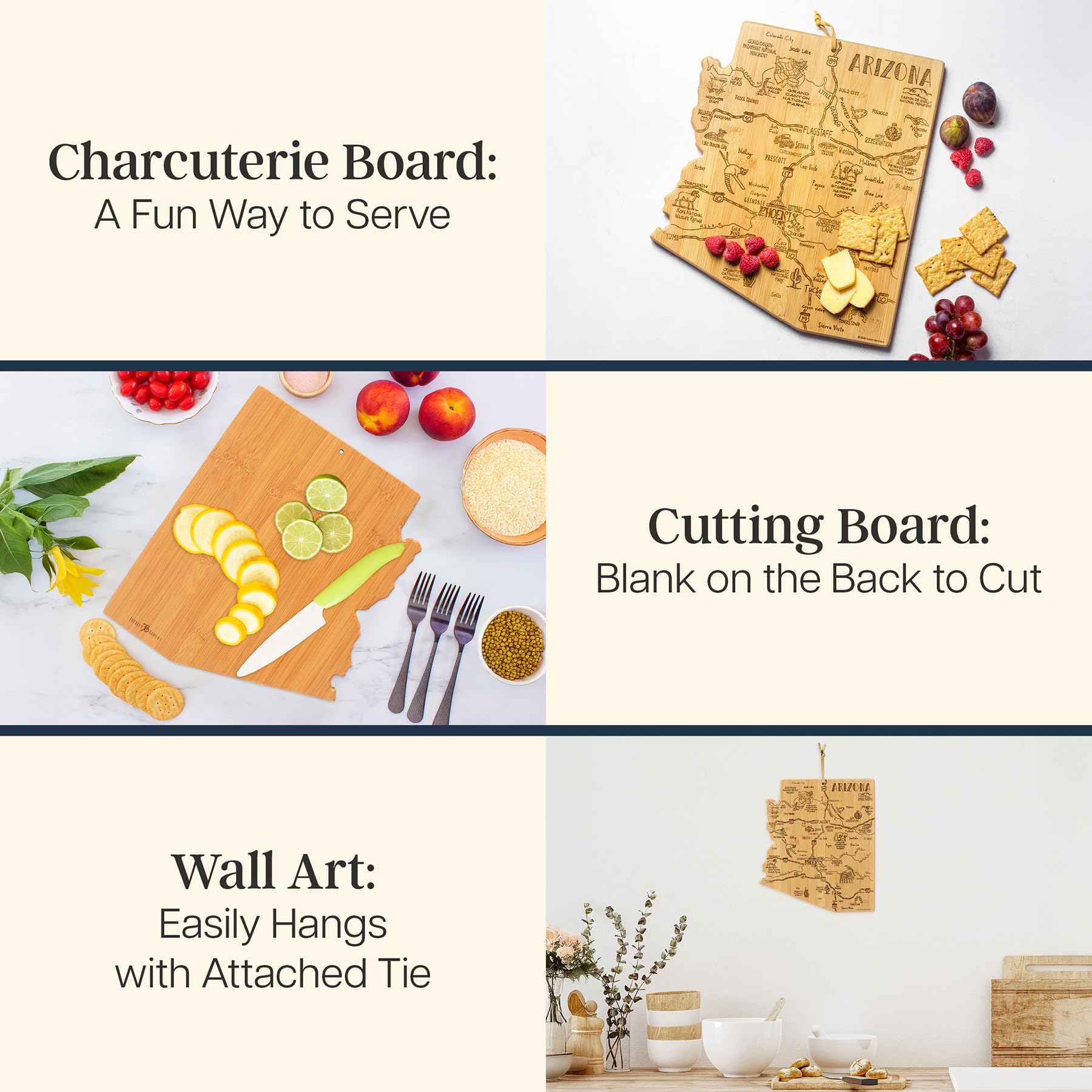 Totally Bamboo Destination Arizona State Shaped Cutting Board, Charcuterie and Cheese Serving Board - Arizona Gift for Home D  c