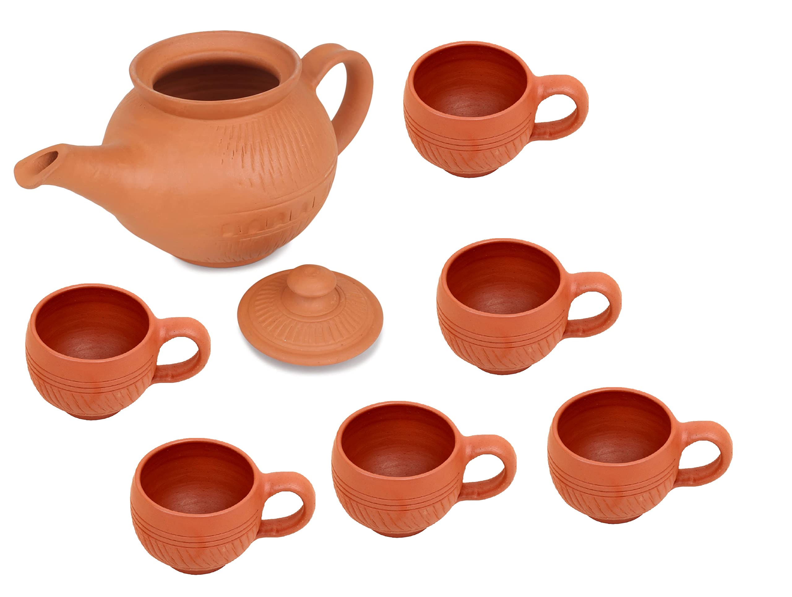 Ksi Handcrafted Mitti Clay Tea Kettle With Lid And Tea Cup Coffee Cup Set Handmade Earthen Clay Kulhad Kullar Chai Ke Cup Pack O