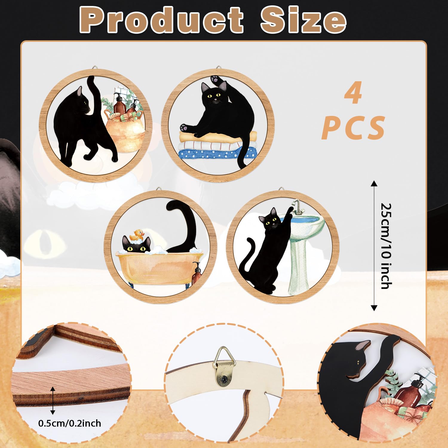 HPNIUB Funny Bathrooms Wall Decor, Black Cats In the Bath Wood Sign, 4 Pieces 10    x10     Farmhouse Wooden Hanging Sign for To