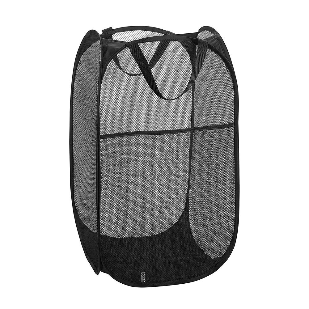Larpur Popup Mesh Laundry Basket, Collapsible And Portable Clothes Washing Laundry Hamper With Reinforced Carry Handle (Black)