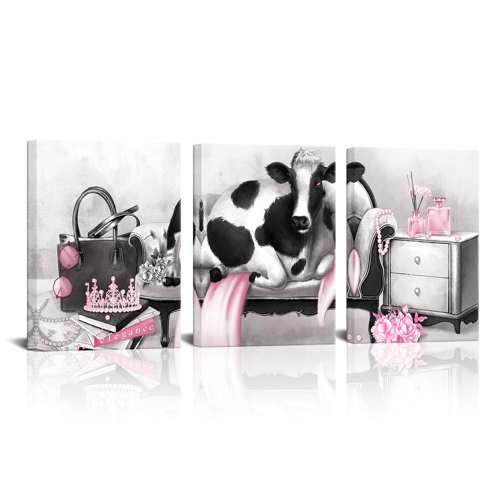Kalormore Pink Glam Fashion Canvas Poster Elegant Cow With Pearl Crown Perfume Picture Prints Artwork Gift For Girl Woman Bedroo