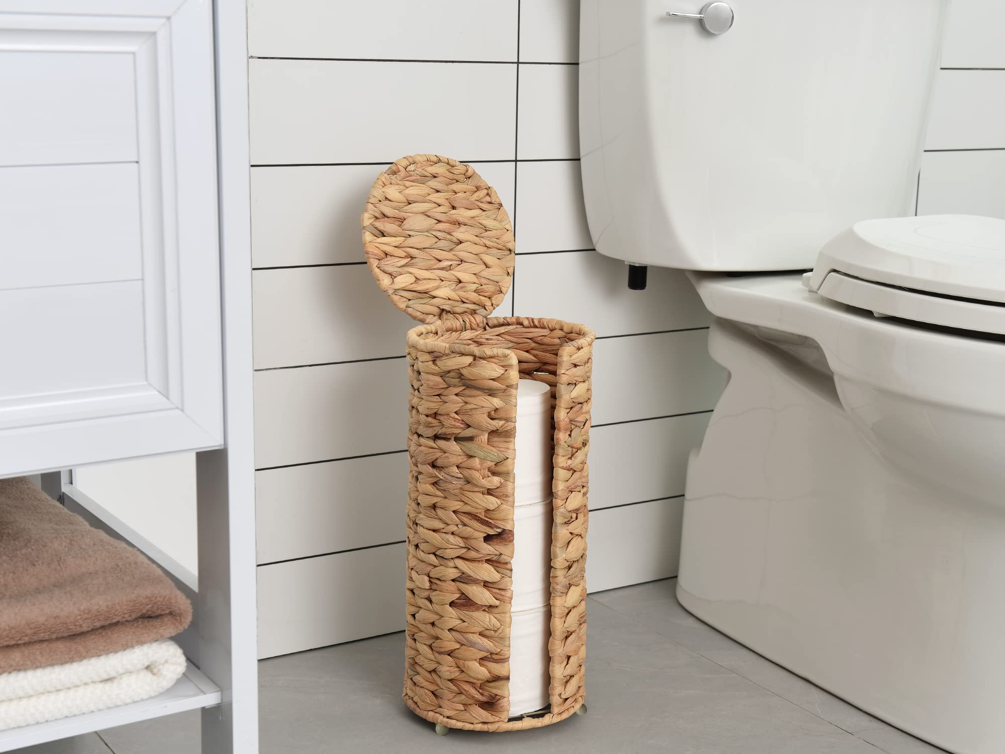 Storageworks Water Hyacinth Free Standing Toilet Paper Holder Stand For Bathroom, 3 Rolls Of Toilet Tissue Storage, Toilet Roll