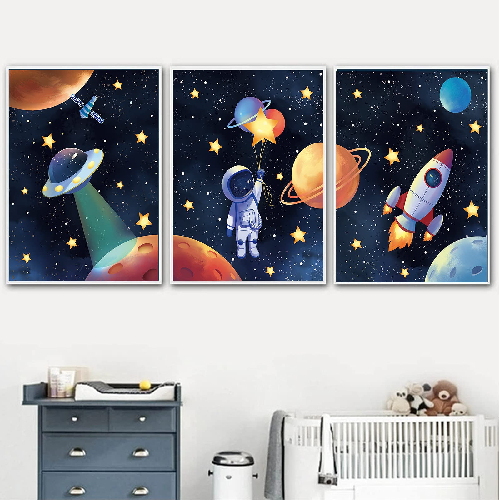 Mwoot Space Astronaut Canvas Poster For Boys Bedroom Wall Decor, 3Pcs3 Kids Children Playroom Wall Art Print (30X40Cm), Solar Sy