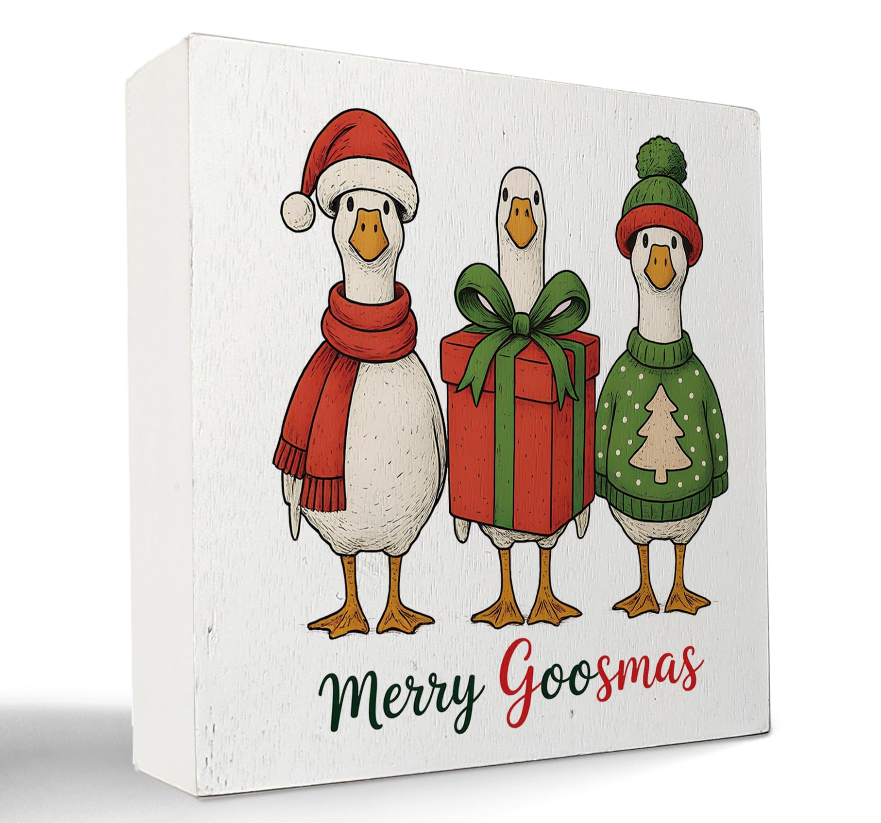 kunlisa Christmas Goose Wooden Sign, Goose Lover Gifts, Funny Red and Green Xmas Santa Farm Animal Wood Box Sign for Home Office