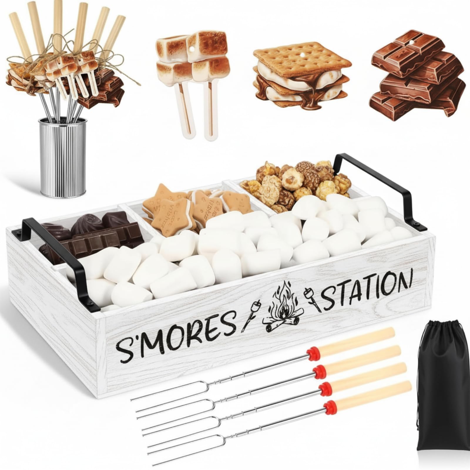 Reallnaive 35 Pcs Smores Station Box Farmhouse Smores Bar Holder with Handles 8 Extendable Marshmallow Roasting Sticks 1 Storag