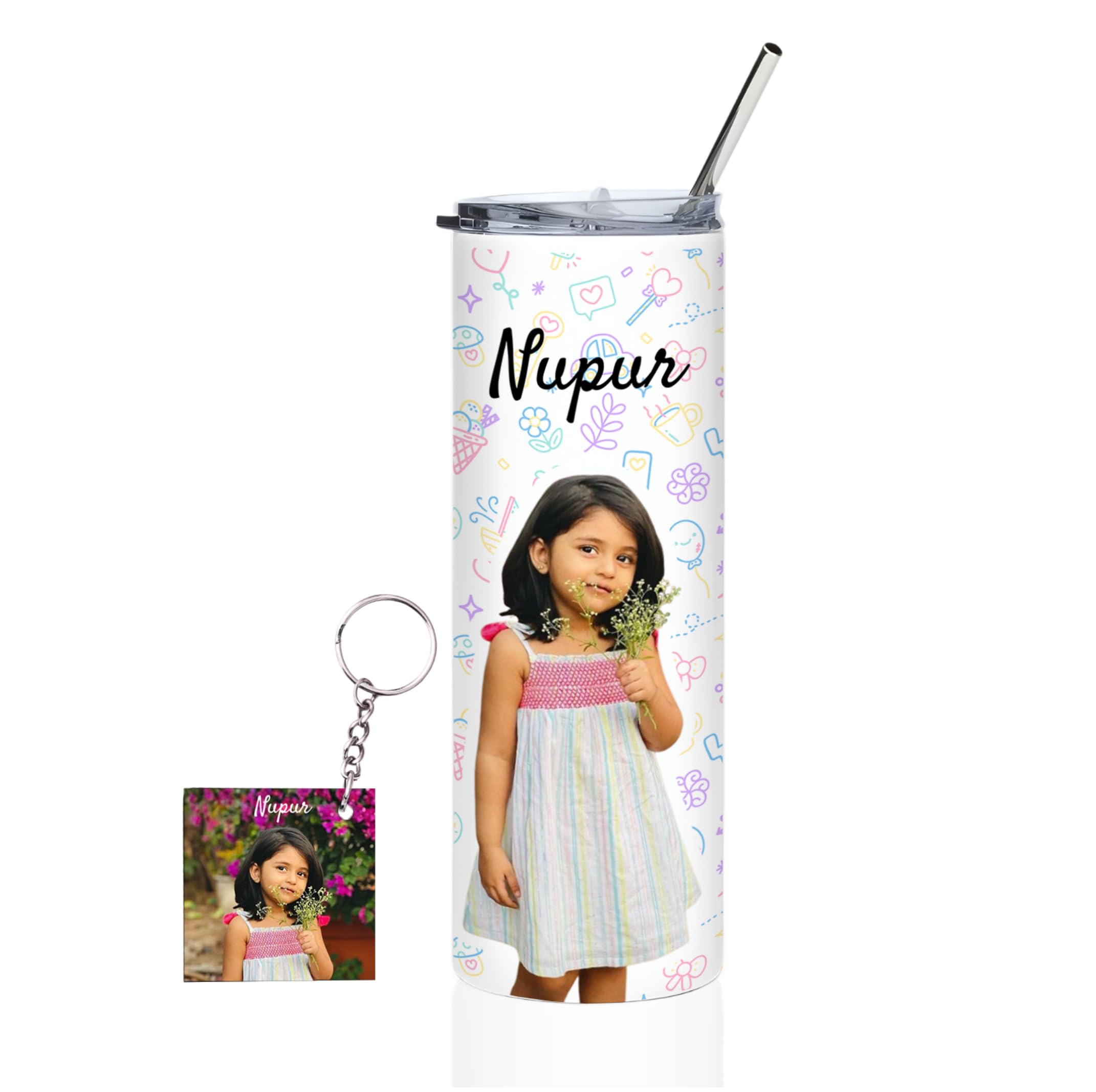 Harshhasthkala Custom Photo And Name Stainless Steel Insulated Tumbler, 500Ml, White, Reusable Travel Mug With Straw, Hand Wash 