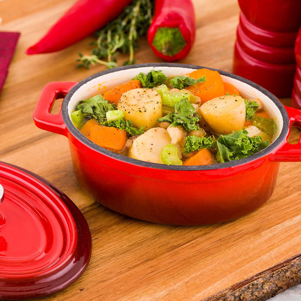 Restaurantware 9 Ounce Mini Casserole Dish 1 Mini Dutch Oven With Lid - Enameled Oval Red Cast Iron Mini Cocotte Heavy-Duty For