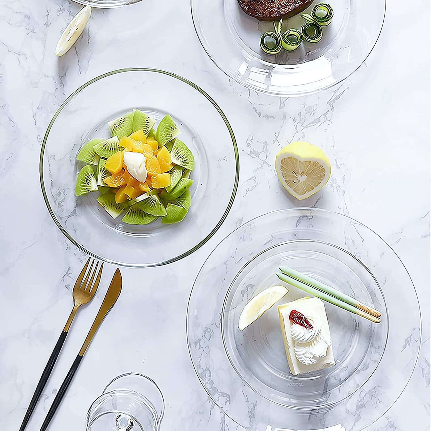 Binzo Glass Dinner Plates, Set Of 6, 10 Inch, Big Full Size Plate For Eating Dinner, Clear, Microwave & Dishwasher Safe, Transpa