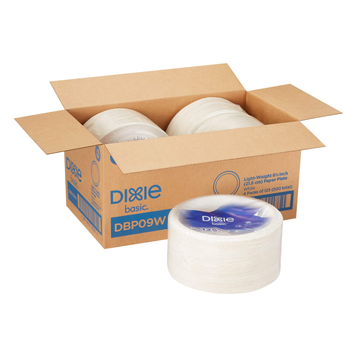 Dixie Basic 8.5 Light-Weight Paper Plates By Gp Pro (Georgia-Pacific), White, Dbp09W, 500 Count (125 Plates Per Pack, 4 Packs