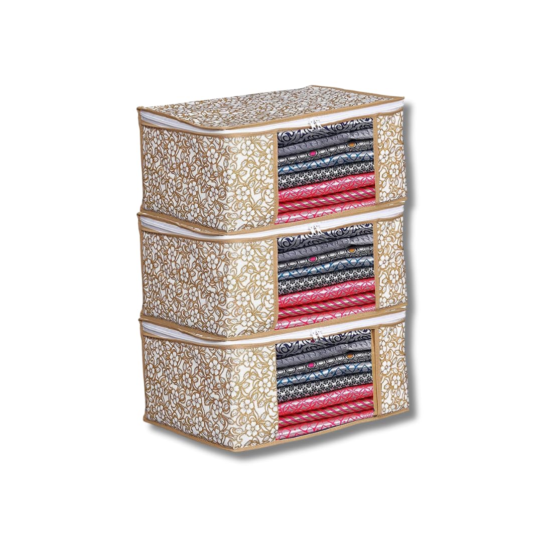 Bb Backbenchers (Pack Of 3) Printed Non Woven Fabric Saree Cover/Clothes Organiser For Wardrobe Set With Transparent Window And 