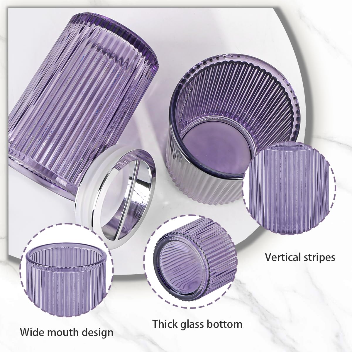 Tonxus Purple Toothbrush Holders for Bathrooms, 2pcs Glass Toothbrush Holder and 12oz Bathroom Tumbler Cup Set, Silver Tooth Bru