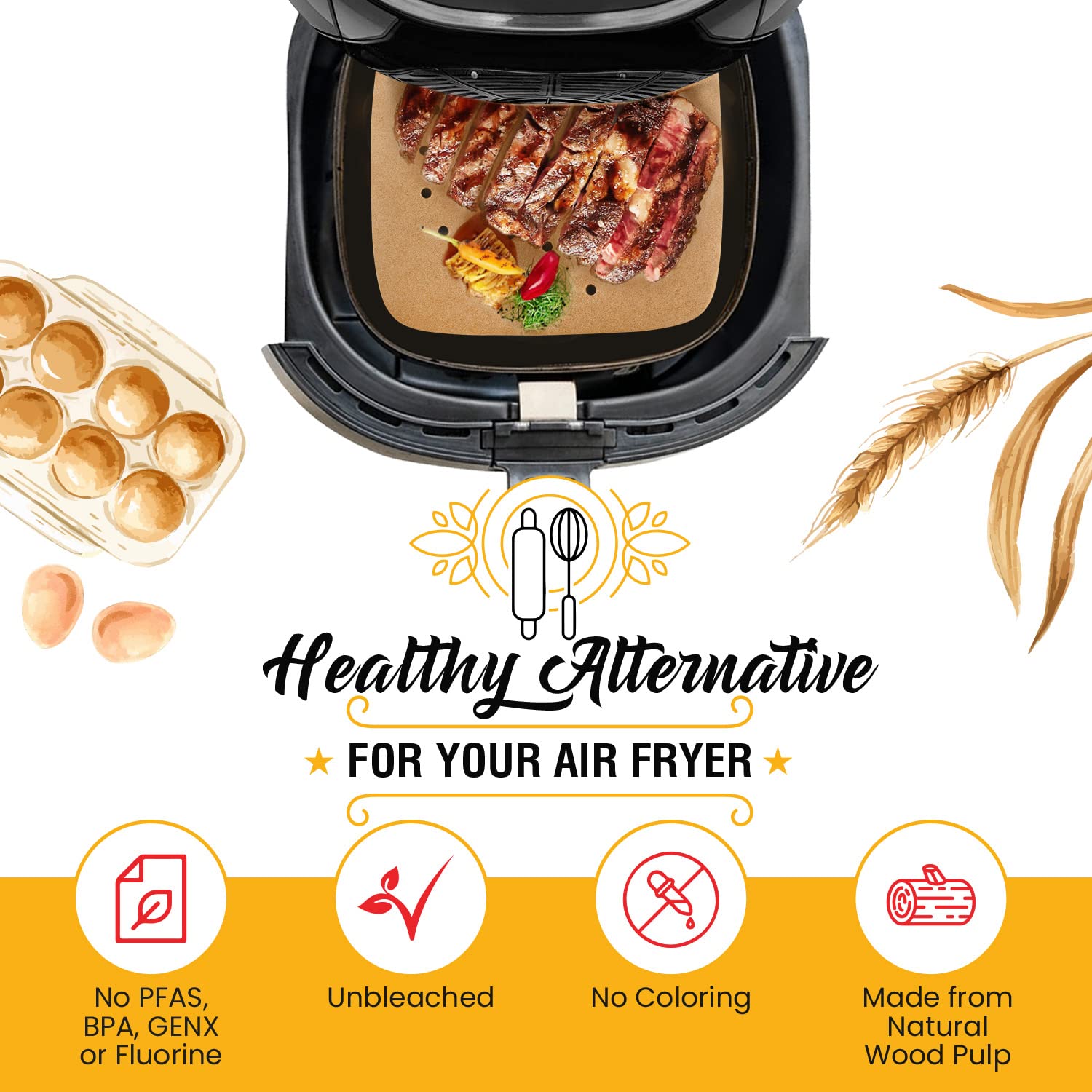 Bamboo Steamer Liner, 8.5'' Air Fryer Parchment Paper Liners Sheets - 220Pcs Unbleached Bamboo Steamer Basket Liners - Easy Clea