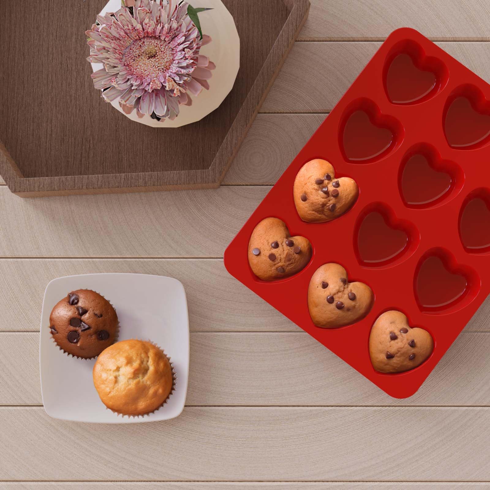 Silivo Silicone Heart Shaped Muffin Pan (2 Pack) - Mini Heart Shaped Silicone Molds For Baking, Nonstick Heart Shaped Cupcake Pa